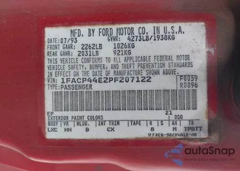 1993 Ford Mustang Lx z USA, uszkodzony, nr VIN 1FACP44E2PF207122